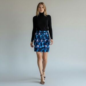 ERDEM Abstract Designer Print Mini Pencil Skirt Blue Stretch Swirl Celeb Luxury